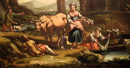 Antiquités - Bergers et lavandières au bord de la rivière - école Italienne du 18e siècle